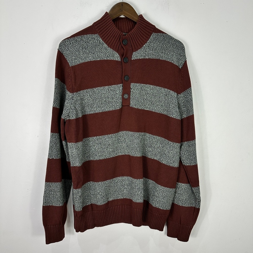 IZOD Sweater Mens Large Burgundy Grey Striped Quarter Button Mock Neck Cotton L